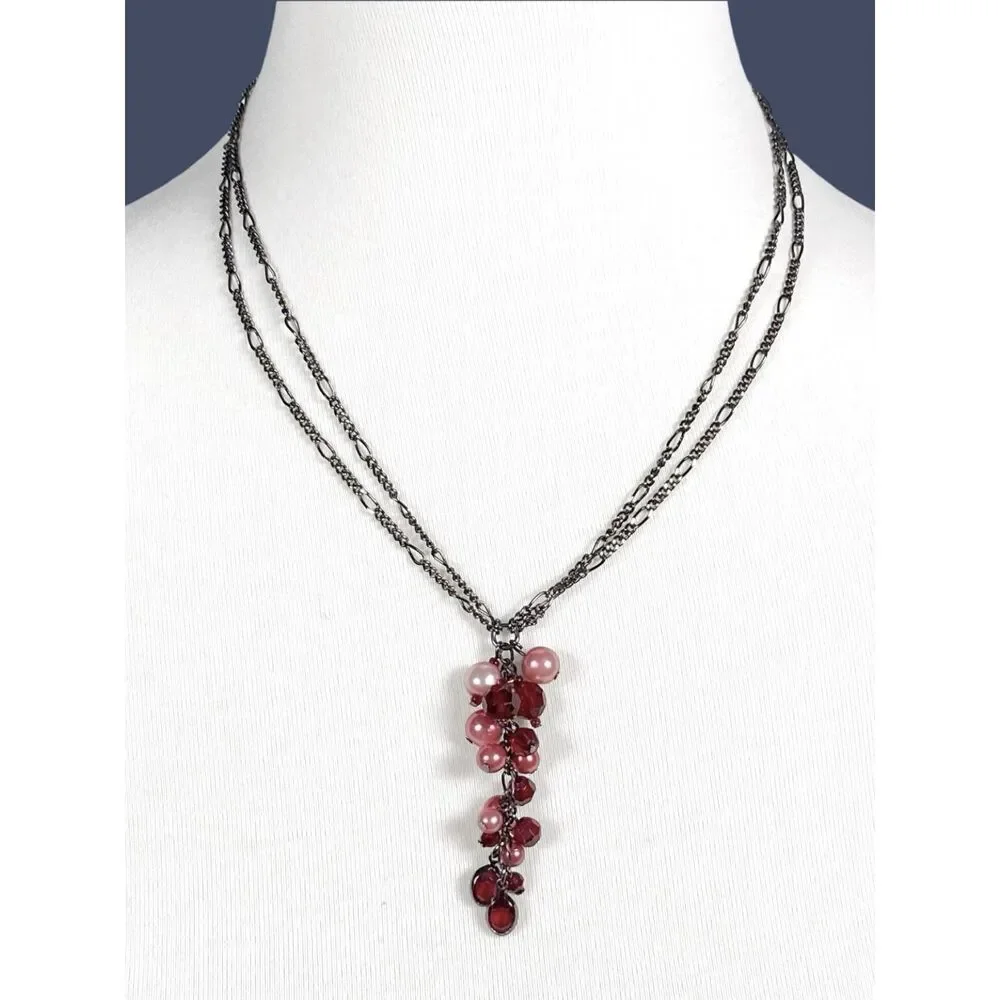 1928 Necklace Red Pink Bead Cluster Y Drop Dangle Metallic Gray 2 Strand Chain